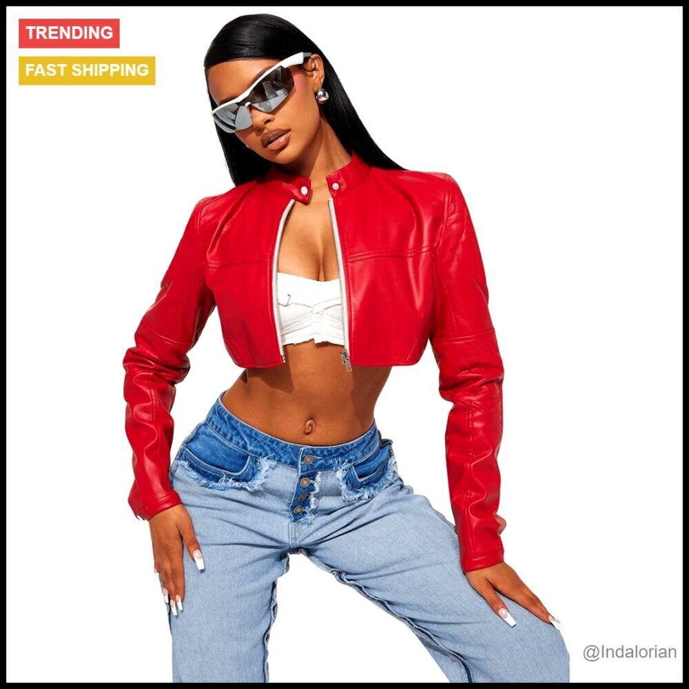 Faux Leather Cropped Bomber Jacket Slim Fit Motorcycle Style